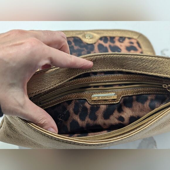 B Makowsky Gold buttery soft Leather Clutch Bag chain handle leopard lining New - Picture 9 of 13